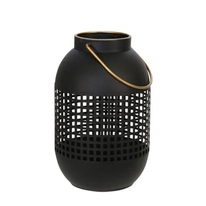 Benzara 11 Inches Caged Metal Frame Lantern with Handle, Black and Gold BM221029 Black and Gold Metal BM221029