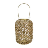 Benzara Cylindrical Rattan Lantern with Metal Frame and Handle,Small,Brown and Gold BM221089 Brown and Gold Metal and Rattan BM221089