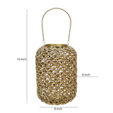Benzara Cylindrical Rattan Lantern with Metal Frame and Handle,Small,Brown and Gold BM221089 Brown and Gold Metal and Rattan BM221089