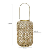 Benzara Cylindrical Rattan Lantern with Metal Frame and Handle,Large,Brown and Gold BM221090 Brown and Gold Metal and Rattan BM221090