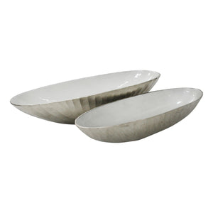 Benzara Dual Tone Oval Metal Bowl with hammered Exterior, Set of 2, Silver and Blue BM221114 Silver and Blue Metal BM221114