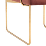 Benzara Fabric Upholstered Dining Chair with Metal Sled Base, Gold and Copper BM221179 Gold, Copper Fabric and Wood BM221179