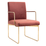 Benzara Fabric Upholstered Dining Chair with Metal Sled Base, Gold and Copper BM221179 Gold, Copper Fabric and Wood BM221179