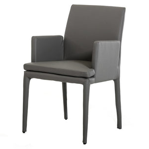 Benzara Leatherette Dining Chair with Tapered Legs and Panel Arms, Gray BM221209 Gray Leatherette, Solid Wood, Metal BM221209