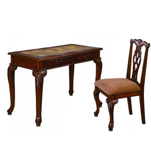 Benzara 2 Piece Wooden Desk and Chair Set with Cabriole Legs Support, Brown BM221547 Brown Wood and Fabric BM221547