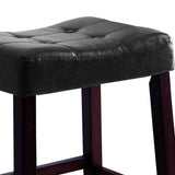 Benzara Wooden Stools with Saddle Seat and Button Tufts, Set of 2, Black and Brown BM221549 Brown and Black Wood and Leather BM221549
