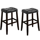 Wooden Stool with Saddle Seat and Button Tufting, Set of 2, Black and Brown