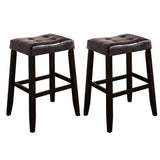 Benzara Wooden Stool with Saddle Seat and Button Tufting, Set of 2, Brown BM221555 Brown Wood and Leather BM221555