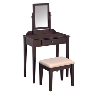 Benzara Wood and Fabric Vanity Set with Tilting Vertical Mirror, Brown and White BM221617 Brown and White Solid Wood, Fabric BM221617