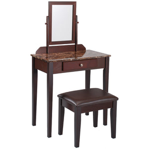 Benzara Wood and Faux Leather Vanity Set with Faux Marble Top, Brown BM221619 Brown Wood, Faux Leather and Marble BM221619