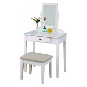 Benzara Wood and Fabric Vanity Set with Tilting Vertical Mirror, Beige and White BM221620 Beige, White Solid Wood, Fabric BM221620