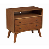 Benzara 2 Drawer Wooden Nightstand with Open Compartment and Splayed Legs, Brown BM222486 Brown Solid Wood, Veneer BM222486