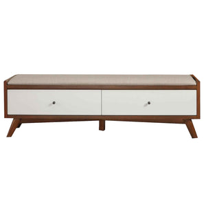 Benzara Fabric Upholstered Wooden Bench with 2 Drawers, Brown and White BM222508 Brown and White Solid Wood, Fabric, Veneer BM222508