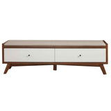 Benzara Fabric Upholstered Wooden Bench with 2 Drawers, Brown and White BM222508 Brown and White Solid Wood, Fabric, Veneer BM222508