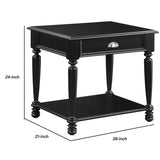 Benzara Wooden End Table with Open Bottom Shelf and Turned Legs, Black BM222535 Black Solid Wood, Veneer BM222535