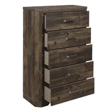 Benzara 5 Drawer Transitional Wooden Chest with Clipped Corners, Brown BM222546 Brown Solid Wood, Faux Veneer BM222546