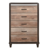 Benzara Two Tone 5 Drawer Wooden Chest with Grain Details and Mirror Trim, Brown BM222562 Brown Solid Wood, Faux Veneer BM222562