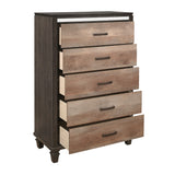 Benzara Two Tone 5 Drawer Wooden Chest with Grain Details and Mirror Trim, Brown BM222562 Brown Solid Wood, Faux Veneer BM222562