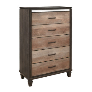 Benzara Two Tone 5 Drawer Wooden Chest with Grain Details and Mirror Trim, Brown BM222562 Brown Solid Wood, Faux Veneer BM222562