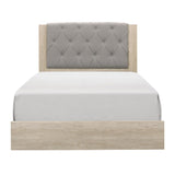 Benzara Fabric Upholstered Wooden Queen Bed with Grain Details, Brown and Gray BM222566 Brown, Beige Faux Veneer, Solid Wood BM222566