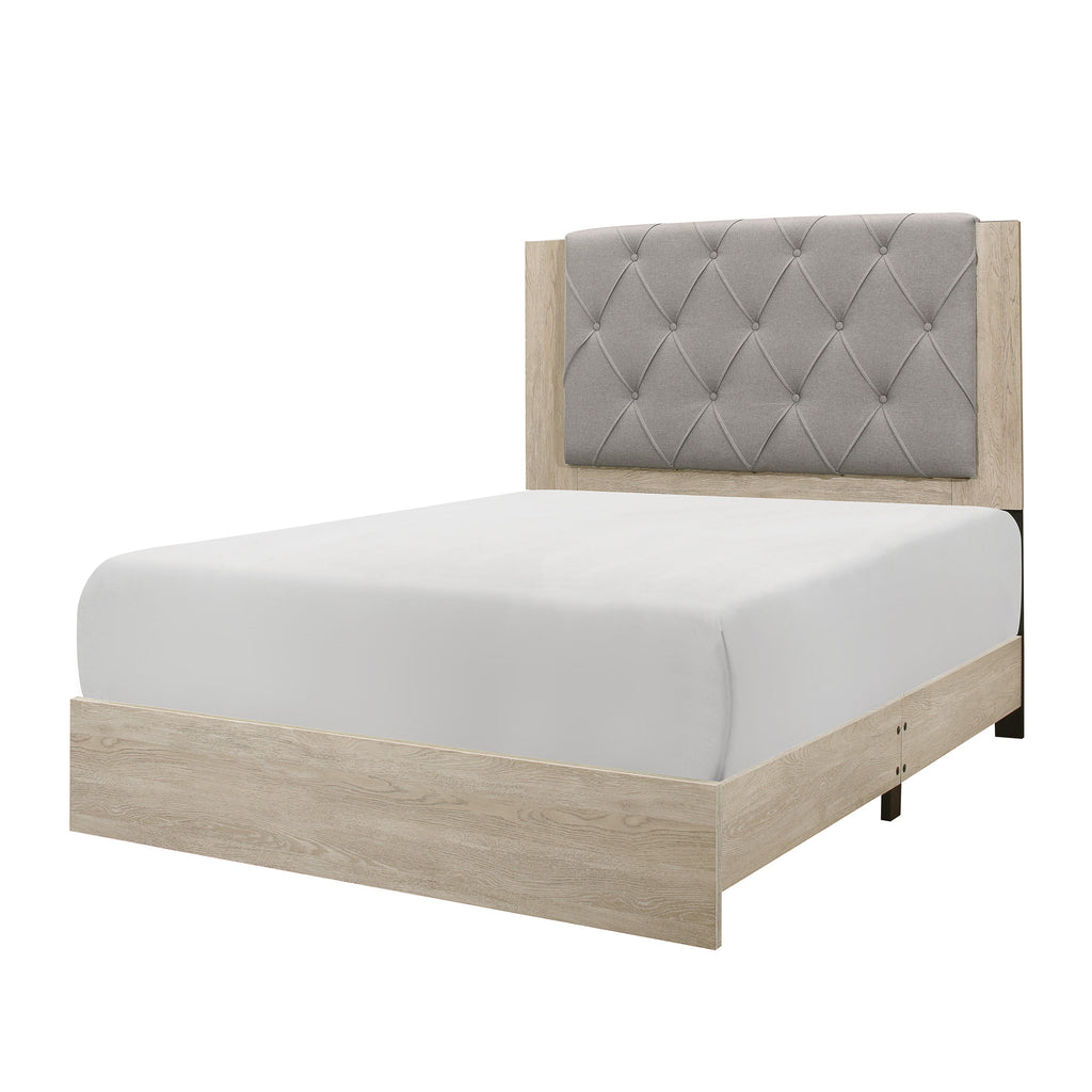 Benzara Fabric Upholstered California King Bed with Grain Details, Brown and Gray BM222571 Brown, Gray Faux Veneer, Solid Wood BM222571