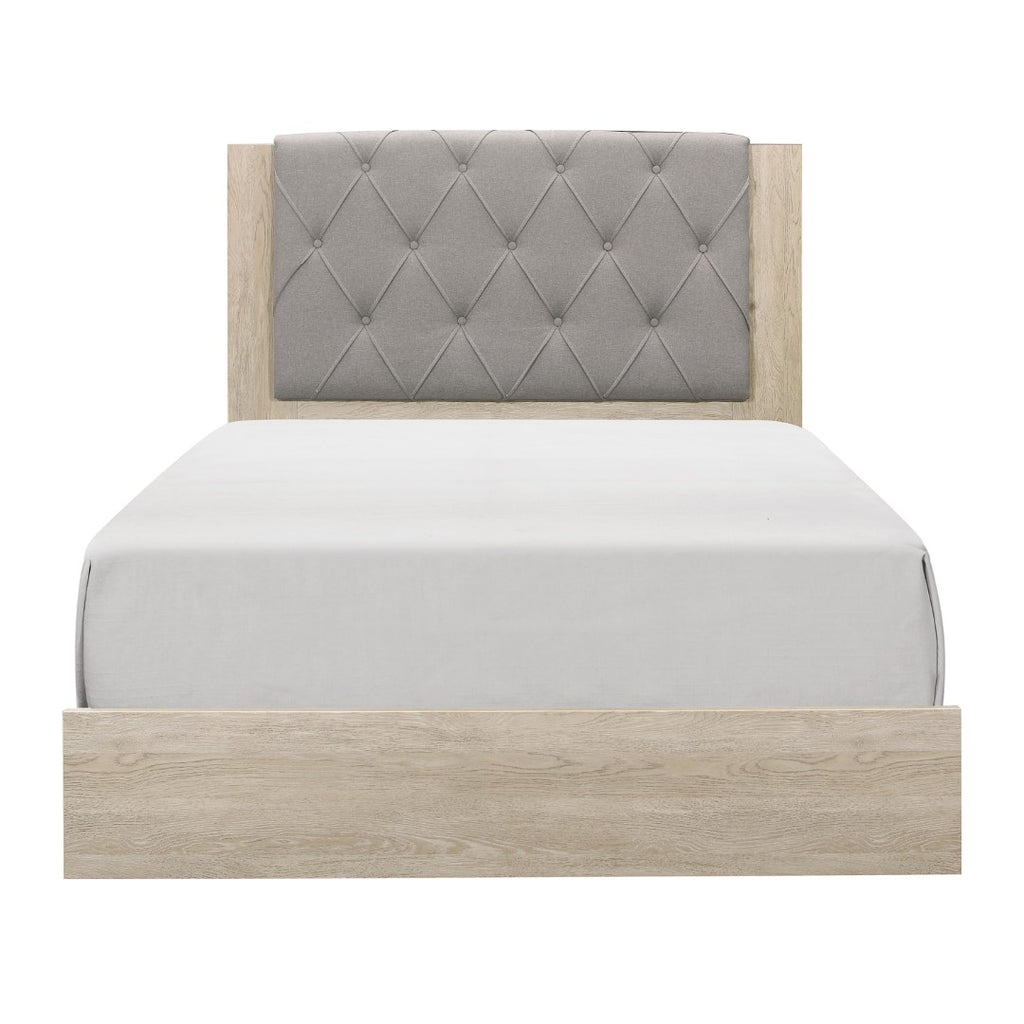 Benzara Fabric Upholstered California King Bed with Grain Details, Brown and Gray BM222571 Brown, Gray Faux Veneer, Solid Wood BM222571