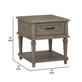 Benzara 1 Drawer Traditional Plank Style End Table with Turned Legs, Taupe Brown BM222620 Brown Solid Wood, Veneer and Engineered Wood BM222620