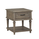 Benzara 1 Drawer Traditional Plank Style End Table with Turned Legs, Taupe Brown BM222620 Brown Solid Wood, Veneer and Engineered Wood BM222620