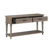 Benzara 2 Drawer Traditional Plank Style Sofa Table with Turned Legs, Taupe Brown BM222621 Brown Solid Wood, Veneer and Engineered Wood BM222621