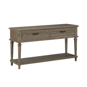 Benzara 2 Drawer Traditional Plank Style Sofa Table with Turned Legs, Taupe Brown BM222621 Brown Solid Wood, Veneer and Engineered Wood BM222621