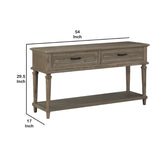 Benzara 2 Drawer Traditional Plank Style Sofa Table with Turned Legs, Taupe Brown BM222621 Brown Solid Wood, Veneer and Engineered Wood BM222621