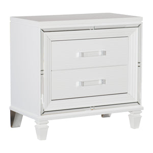 Benzara 2 Drawer Wooden Nightstand with Acrylic Bar Pulls and Mirror Trim, White BM222636 White Solid wood, Engineered wood BM222636