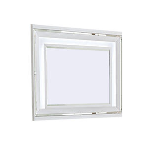 Benzara Wooden Frame Mirror with LED and Mirror Trim Accents, White BM222637 White Solid wood, Engineered wood, Mirror BM222637