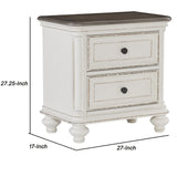 Benzara 2 Drawer Wooden Nightstand with Distressed Details, Antique White and Brown BM222641 White, Brown Solid wood, Engineered wood, Veneer BM222641