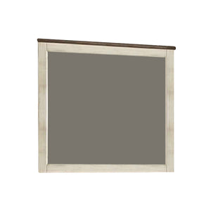 Benzara Rectangular Wood Frame Mirror with Textured Detail, Antique White and Brown BM222647 White, Brown Solid wood, Engineered wood, Veneer, Mirror BM222647