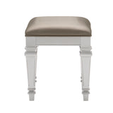 Benzara Leatherette Padded Vanity Stool with Tapered Legs and Molded Detail, Silver BM222649 Silver Solid wood, Faux leather BM222649