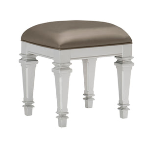 Benzara Leatherette Padded Vanity Stool with Tapered Legs and Molded Detail, Silver BM222649 Silver Solid wood, Faux leather BM222649