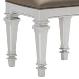 Benzara Leatherette Padded Vanity Stool with Tapered Legs and Molded Detail, Silver BM222649 Silver Solid wood, Faux leather BM222649