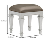 Benzara Leatherette Padded Vanity Stool with Tapered Legs and Molded Detail, Silver BM222649 Silver Solid wood, Faux leather BM222649