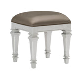 Leatherette Padded Vanity Stool with Tapered Legs and Molded Detail, Silver