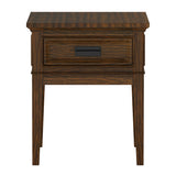 Benzara 1 Drawer Wooden End Table with Horizontal Metal Pull and Tapered Legs,Brown BM222651 Brown Solid wood, Engineered wood, Veneer BM222651