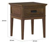 Benzara 1 Drawer Wooden End Table with Horizontal Metal Pull and Tapered Legs,Brown BM222651 Brown Solid wood, Engineered wood, Veneer BM222651