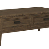 Benzara 2 Drawer Cocktail Table with Horizontal Metal Pull and Tapered Legs, Brown BM222656 Brown Solid wood, Engineered wood, Veneer BM222656