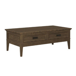 Benzara 2 Drawer Cocktail Table with Horizontal Metal Pull and Tapered Legs, Brown BM222656 Brown Solid wood, Engineered wood, Veneer BM222656