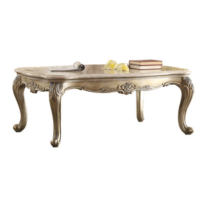 Benzara Traditional Wooden Cocktail Table with Marble Top and Carved Details, Gold BM222678 Gold Solid Wood and Faux Marble BM222678