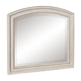 Benzara Wooden Bevelled Mirror with Raised Edges and Curved Top, Antique White BM222722 Antique White Wood BM222722