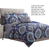 Benzara Split 6 Piece Reversible Printed Twin Size Complete Bed Set The Urban Port, Blue BM222765 Blue Fabric BM222765