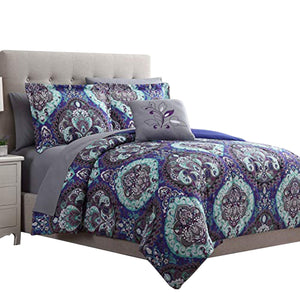 Benzara Split 6 Piece Reversible Printed Twin Size Complete Bed Set The Urban Port, Blue BM222765 Blue Fabric BM222765