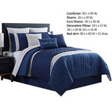 Benzara Basel Pleated Queen Comforter Set with Diamond Pattern The Urban Port, Blue and White BM222818 Blue and White Fabric BM222818