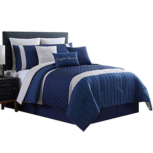 Benzara Basel Pleated Queen Comforter Set with Diamond Pattern The Urban Port, Blue and White BM222818 Blue and White Fabric BM222818